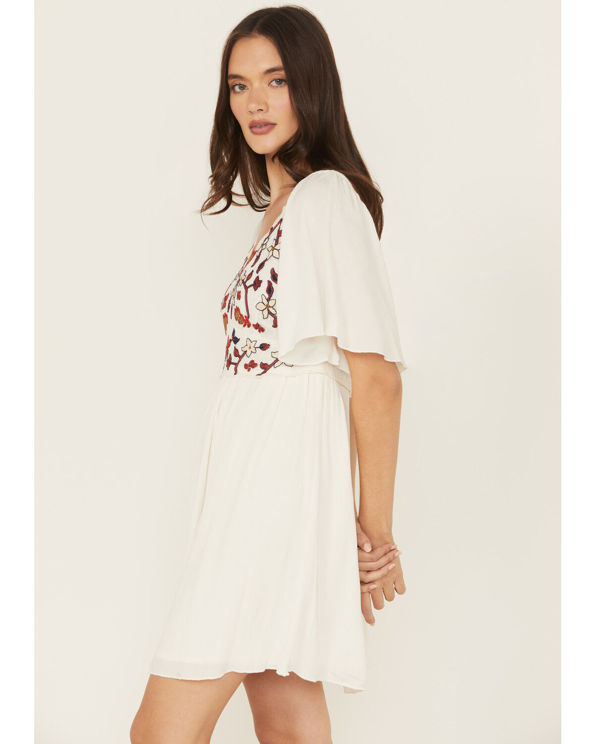 Shyanne Women's Embroidered Crinkle Flutter Sleeve Mini Dress