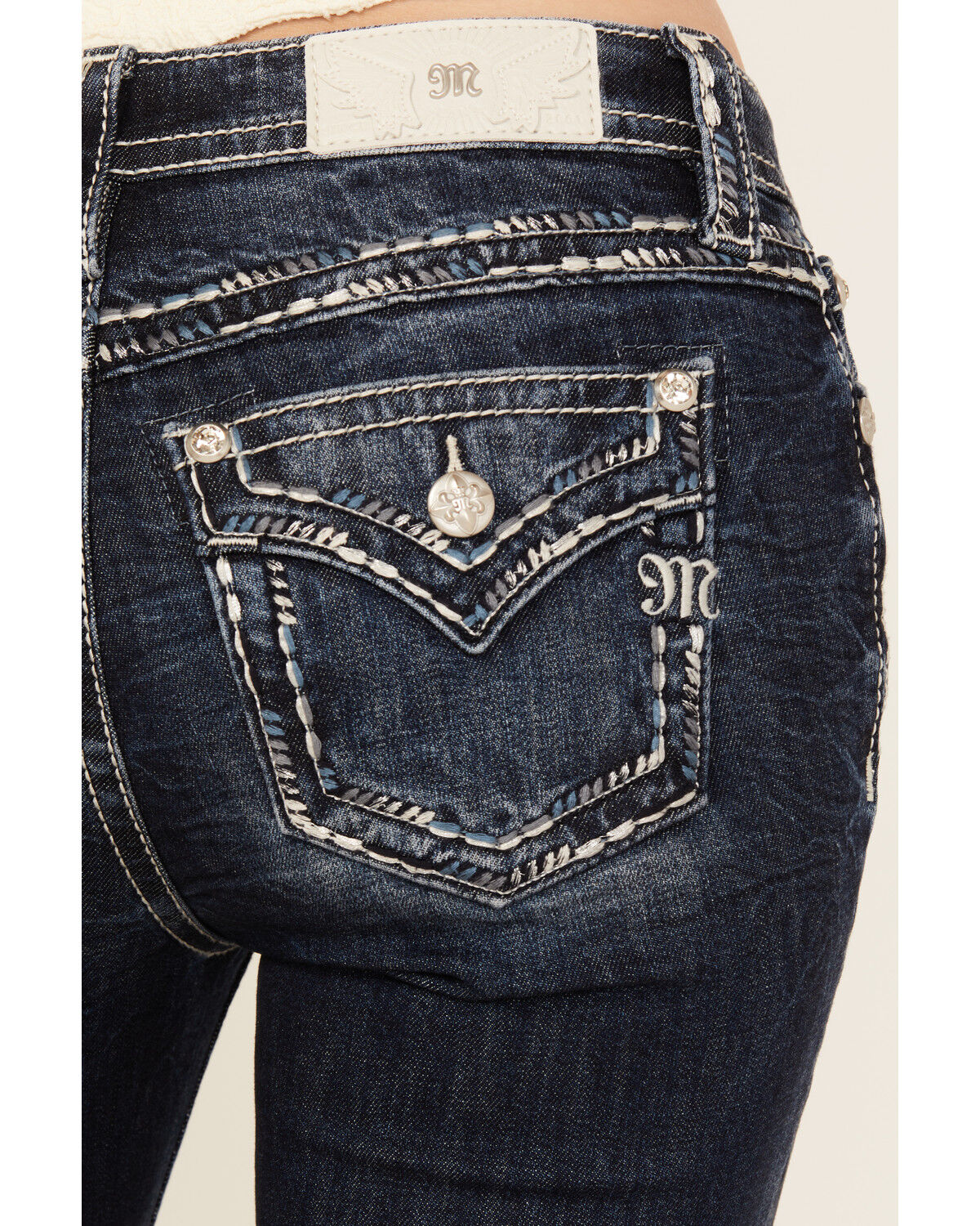Miss Me Women's Dark Wash Mid Rise Whip Stitch Pocket Bootcut Stretch Denim Jeans