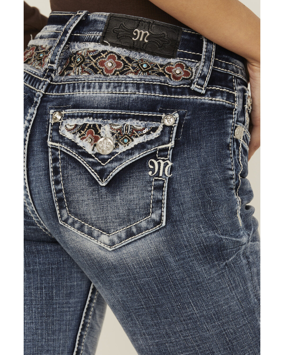 Miss Me Women's Medium Wash Mid Rise Floral Yoke Bootcut Stretch Denim Jeans
