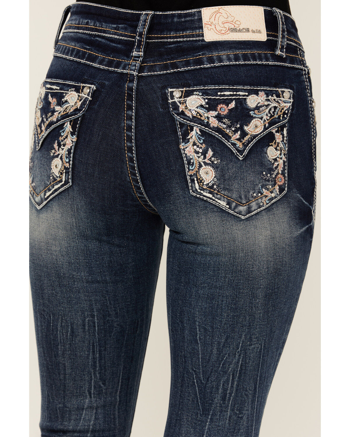 Grace In LA Women's Medium Wash Floral Paisley Embroidered Mid Rise Bootcut Stretch Denim Jeans