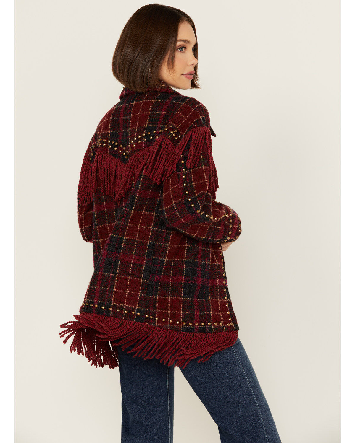 Vocal Women's Tweed Plaid Fringe Jacket