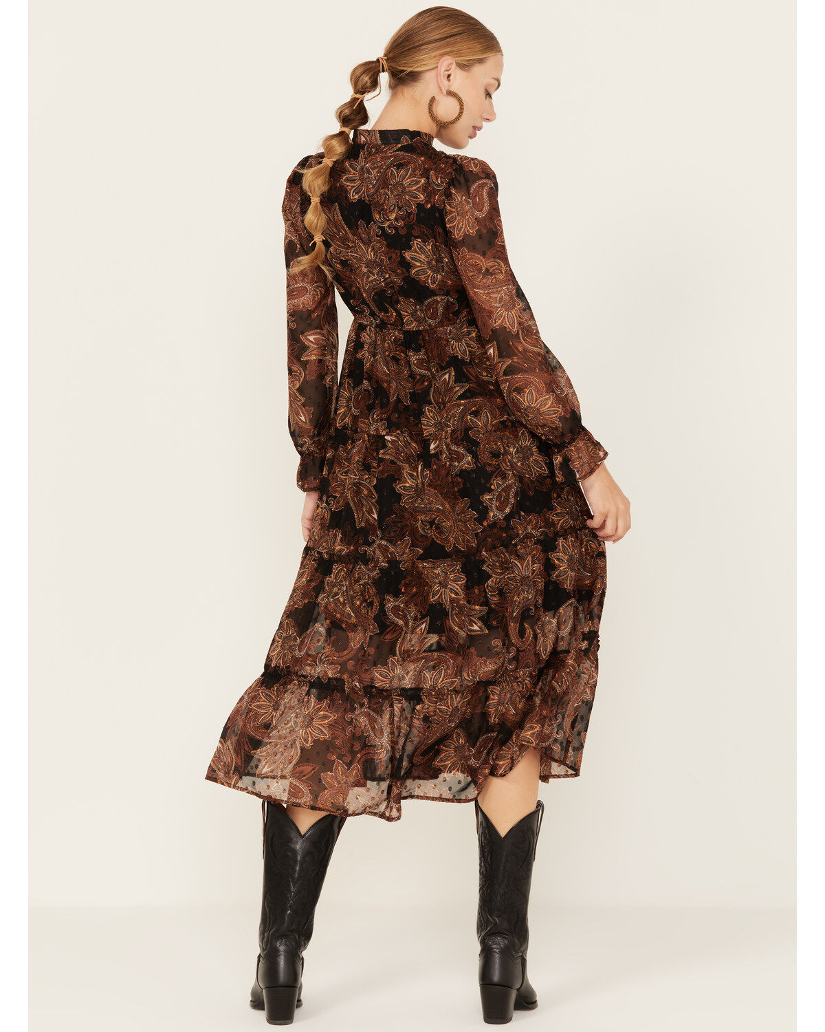 Wild Moss Women's Floral Pais Print Long Sleeve Midi Dress