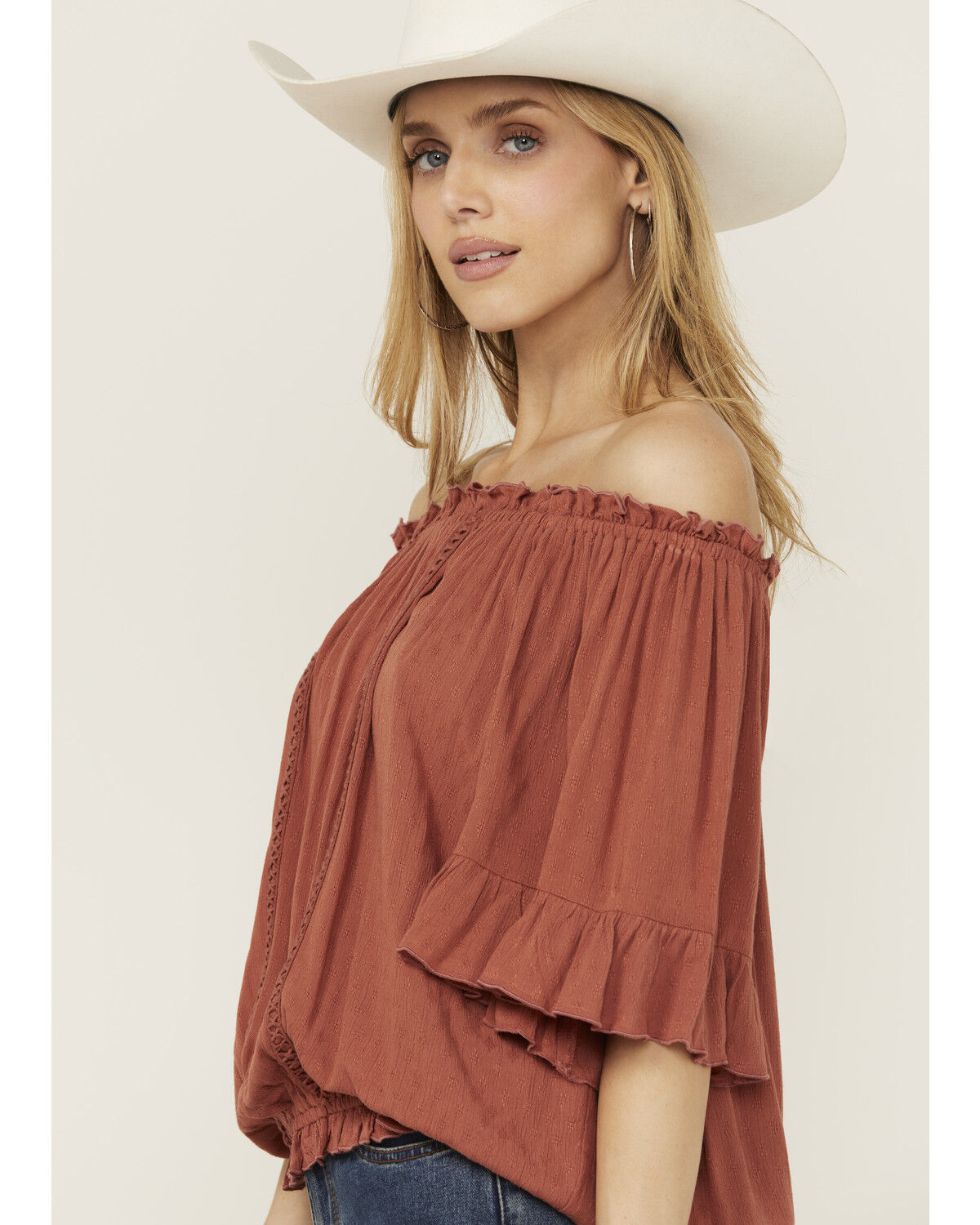 Band Of The Free Women's Solid Short Sleeve Off The Shoulder Blouse