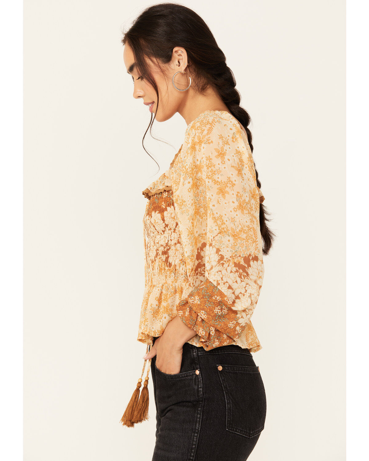 Miss Me Women's Floral Print Long Sleeve Peasant Top