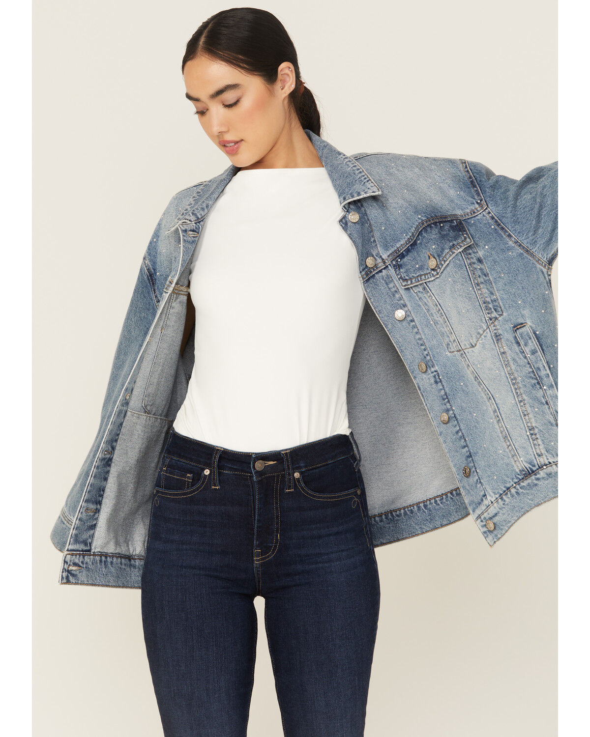 Daze Women's Beau Medium Wash Oversized Studded Denim Jacket