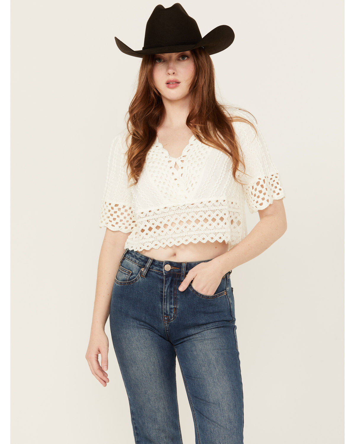 Miss Me Women's Crochet Hem Short Sleeve Blouse