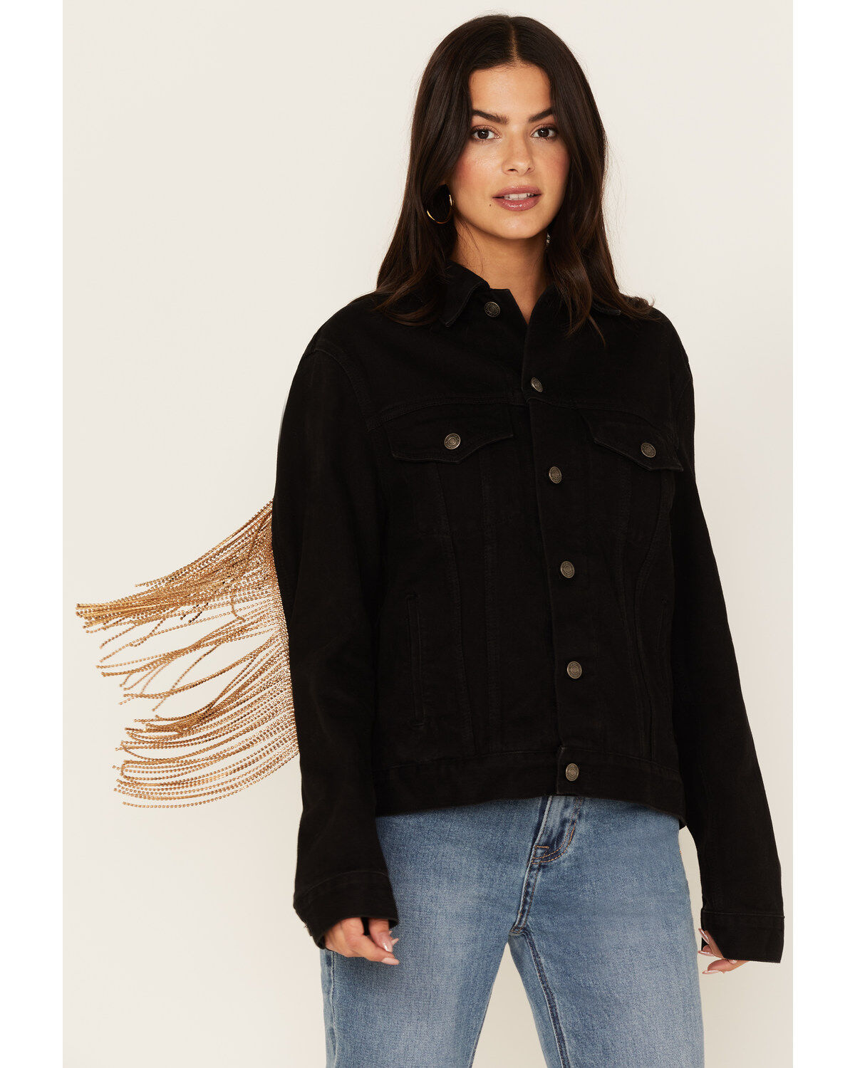 The Harley Jacket by DanielXDiamond: Women's Black Denim Jacket with Gold Fringe