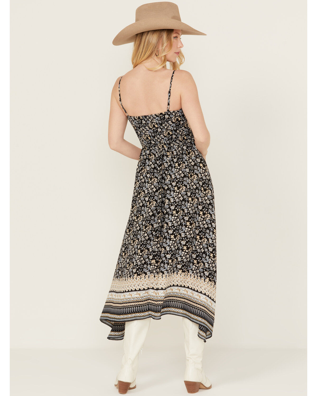 Wild Moss Women's Border Print Smocked Front Midi Dress