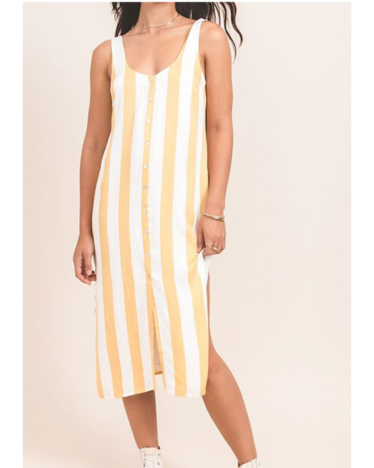 Others Follow Women's Mustard Stripe Button Foxtrot Midi Dress