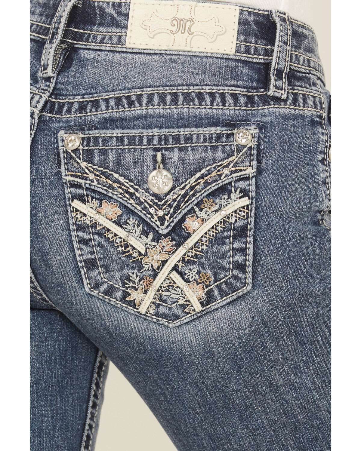 Miss Me Women's Medium Wash Mid Rise Bootcut Floral Pocket Stretch Denim Jeans