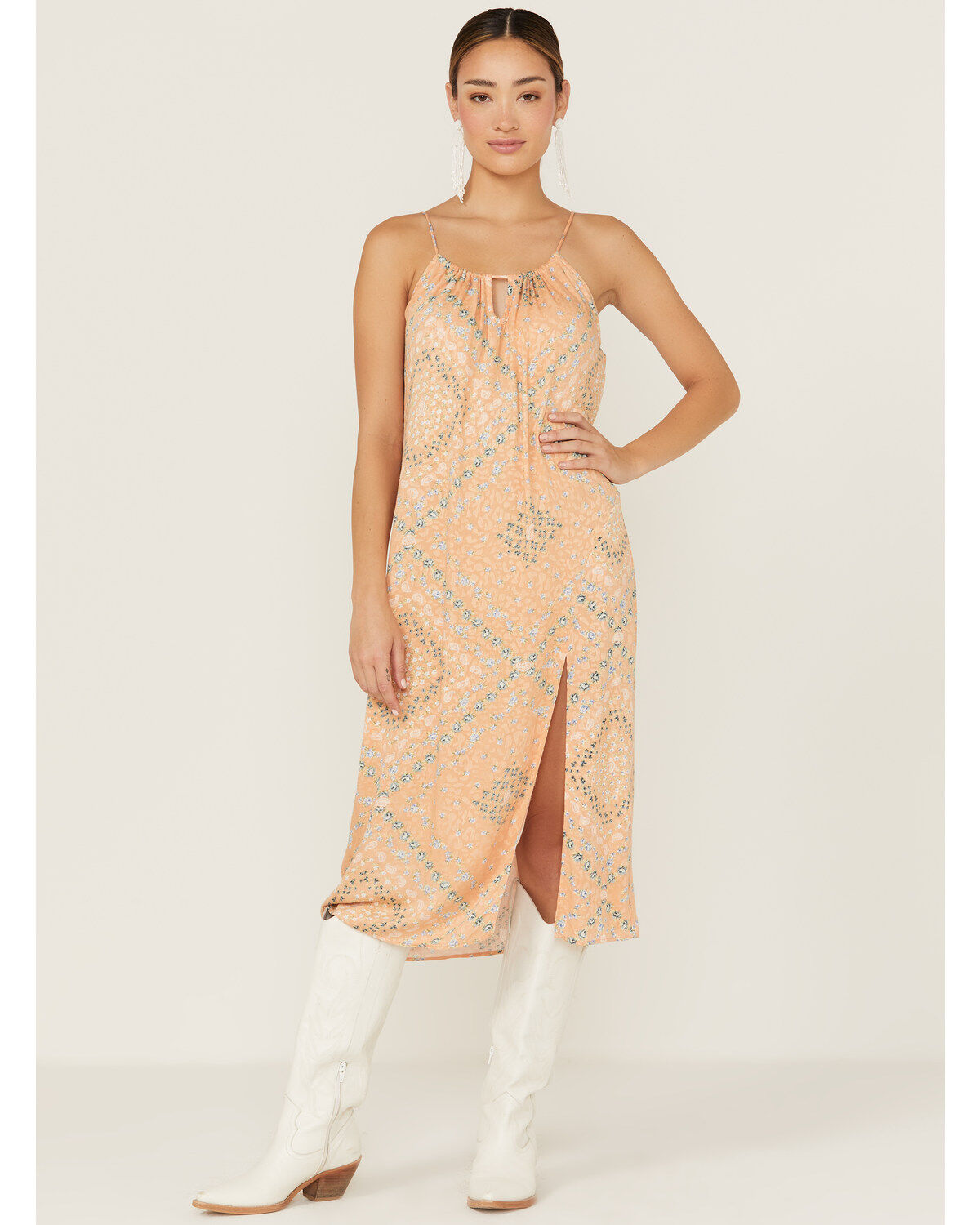 Wild Moss Women's Satin Printed Keyhole Slip Midi Dress