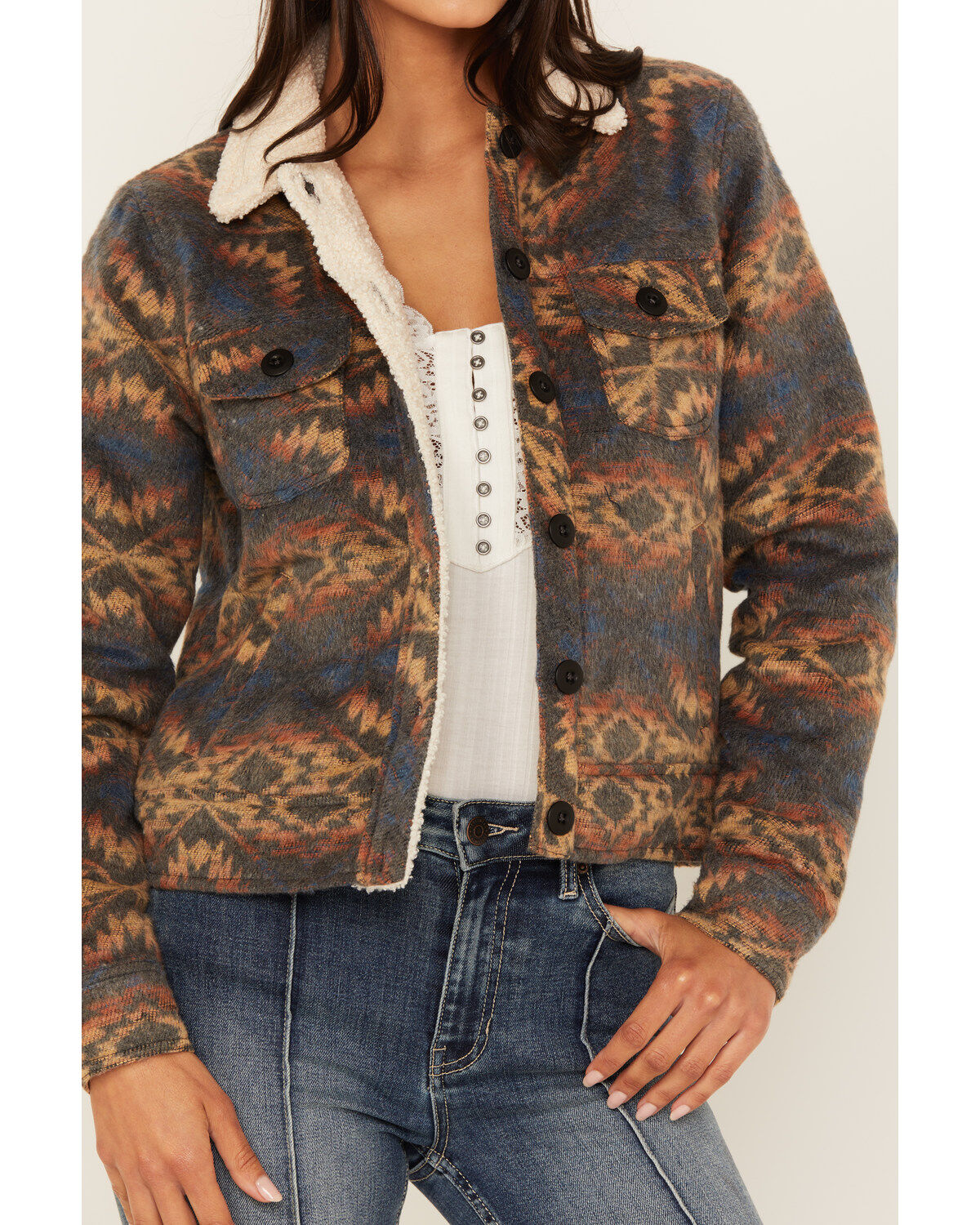 Rock & Roll Denim Women's Southwestern Print Sherpa Jacket