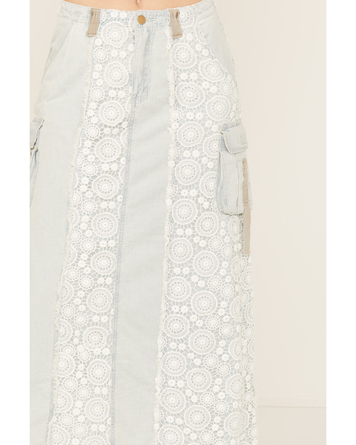 POL Women's Lace Light Wash Denim Midi Skirt