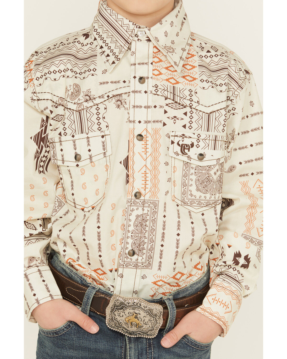 Cowboy Hardware Boys' Southwestern Bandana Print Long Sleeve Snap Stretch Western Shirt
