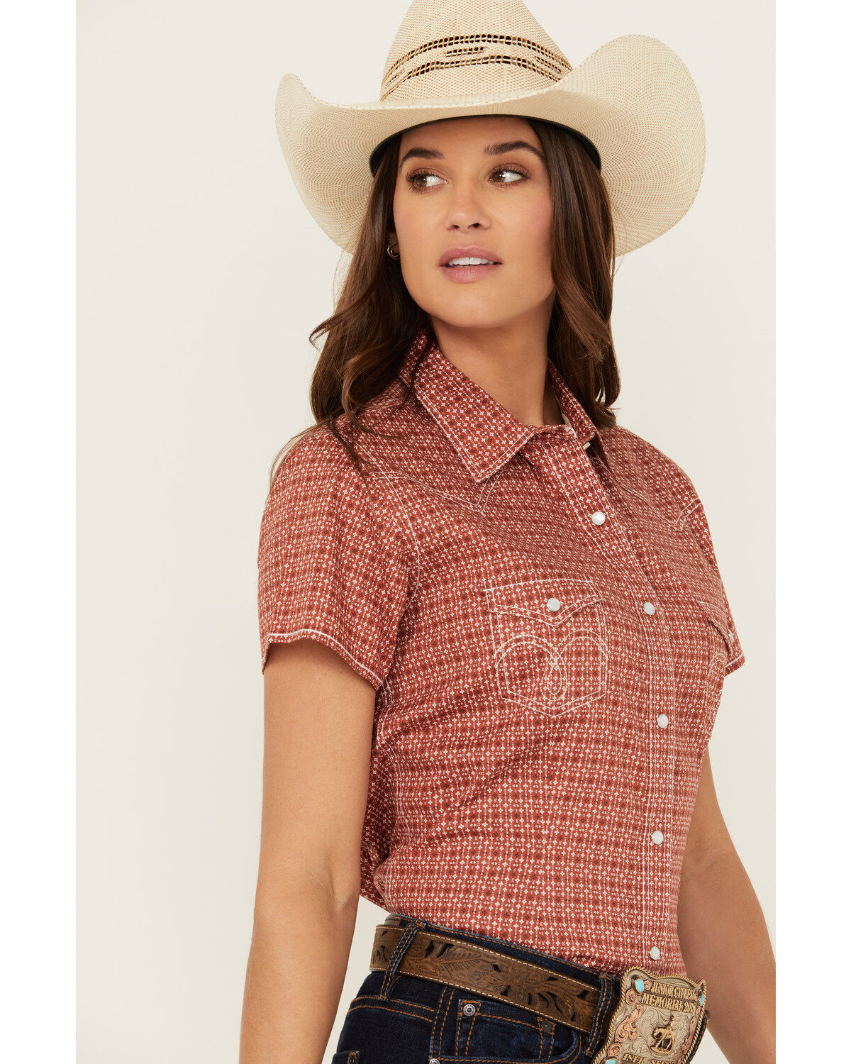 Rough Stock by Panhandle Women's Micro Geo Print Short Sleeve Pearl Snap Stretch Western Shirt