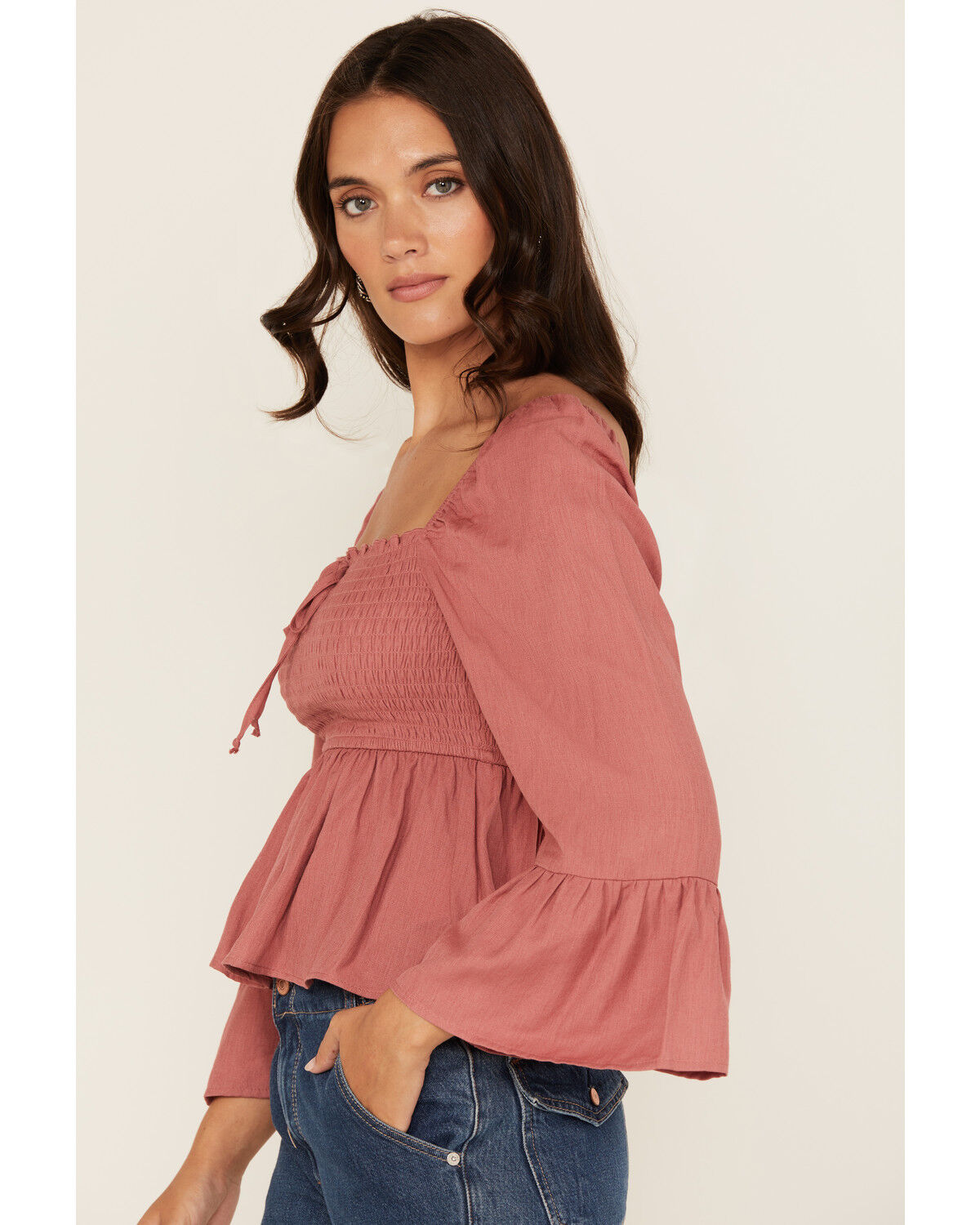 Ash & Violet Women's Solid Smocked Long Sleeve Blouse