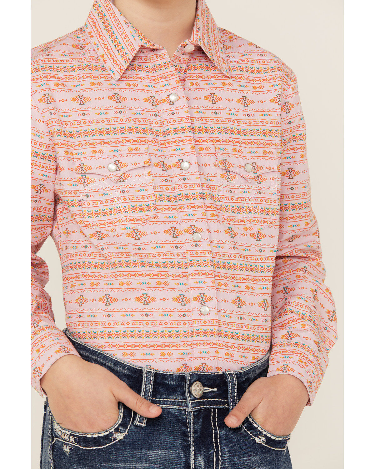 Panhandle Girls' Southwestern Print Long Sleeve Pearl Snap Western Shirt