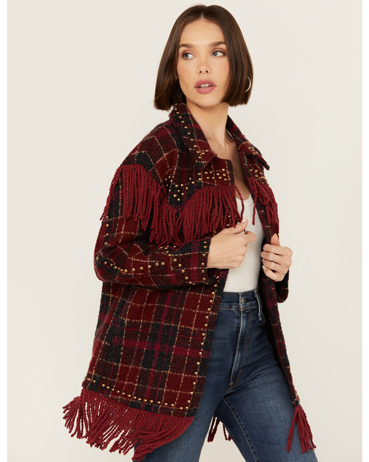 Vocal Women's Tweed Plaid Fringe Jacket
