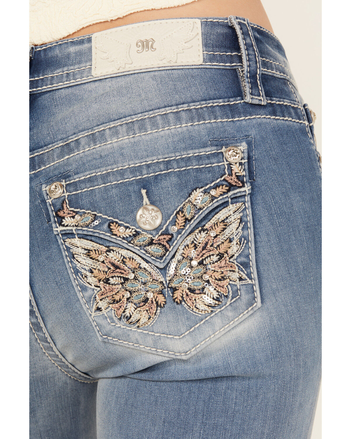 Miss Me Women's Light Wash Mid Rise Butterfly Pocket Bootcut Stretch Denim Jeans