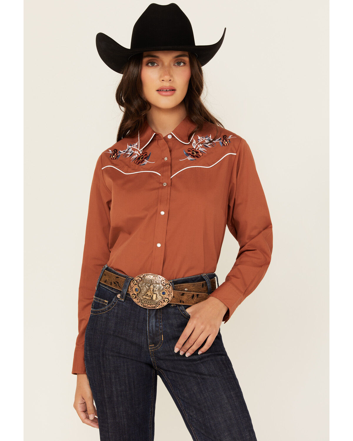 Ely Walker Women's Floral Embroidered Long Sleeve Pearl Snap Western Shirt