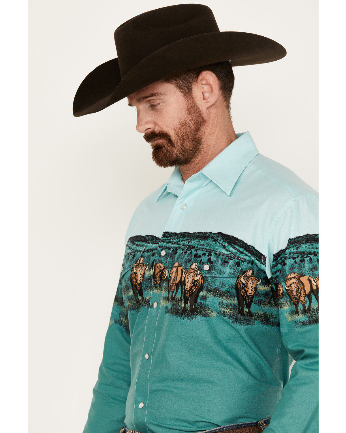Panhandle Men's Buffalo Border Print Long Sleeve Pearl Snap Western Shirt