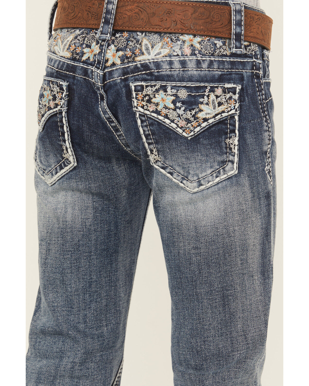 Grace in LA Girls' Medium Wash Floral Embroidered Bootcut Stretch Denim Jeans