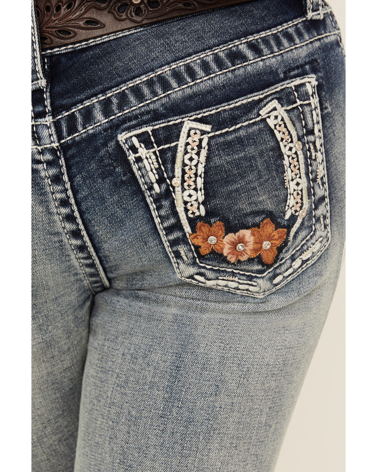 Grace in LA Girls' Light Wash Horseshoe Floral Bootcut Denim Jeans