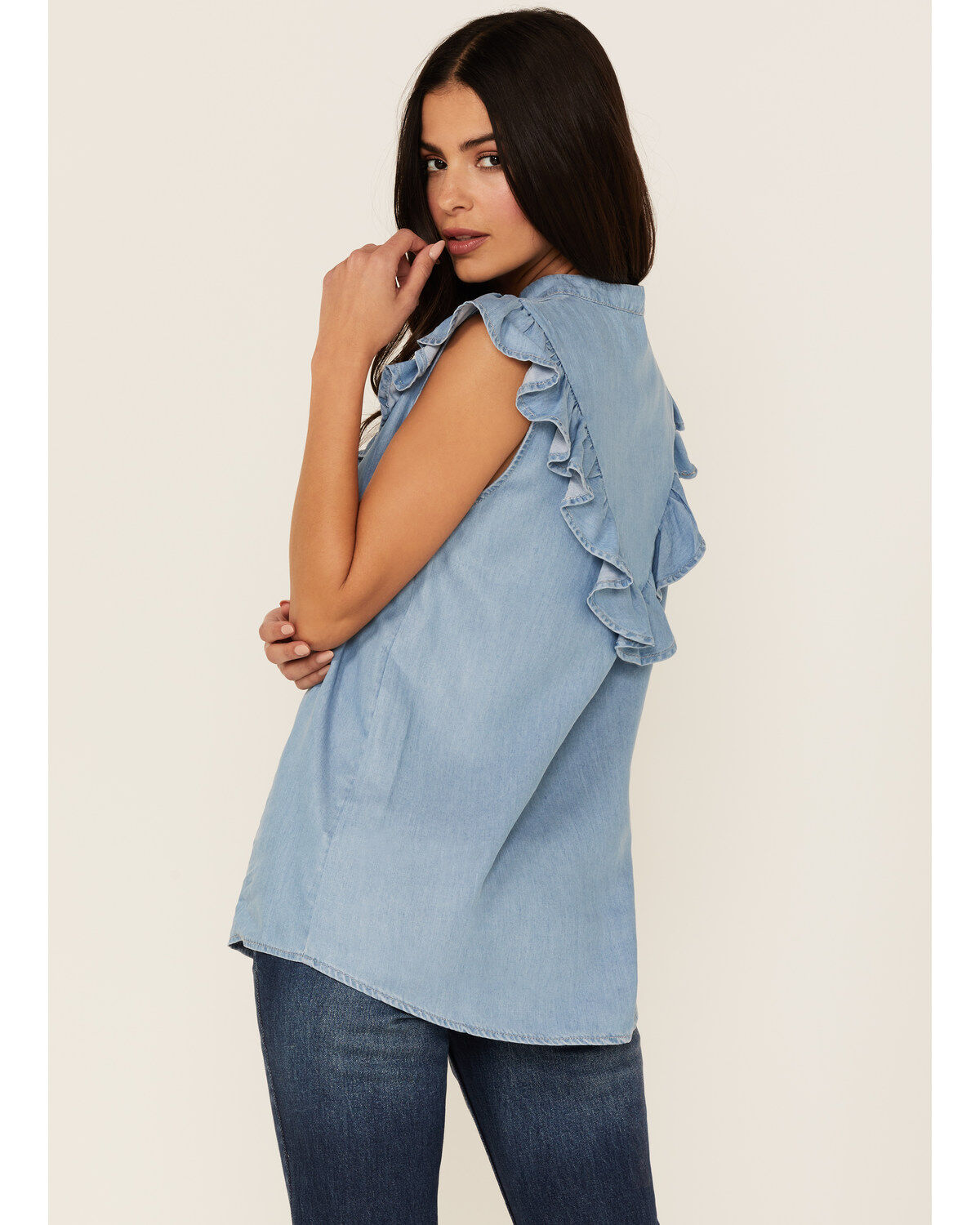 Tasha Polizzi Women's Chambray Ruffle Sleeveless Shirt