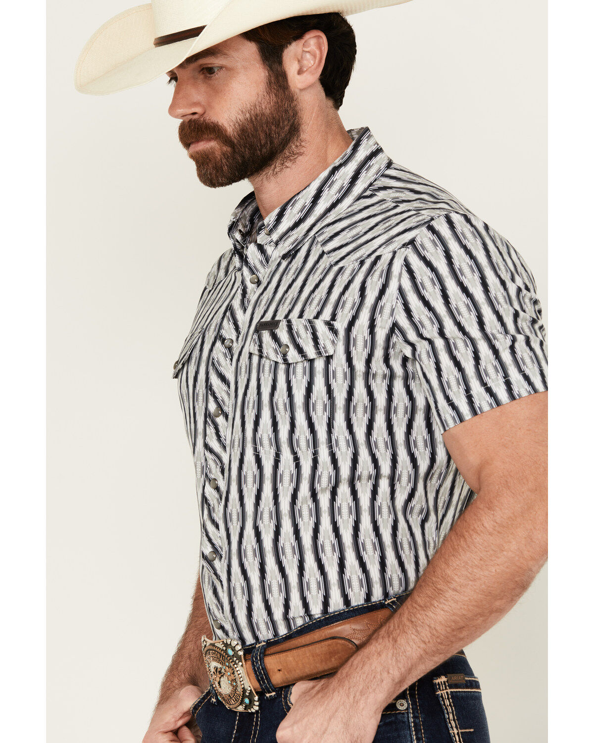 Panhandle Men's Southwestern Print Short Sleeve Snap Stretch Western Shirt