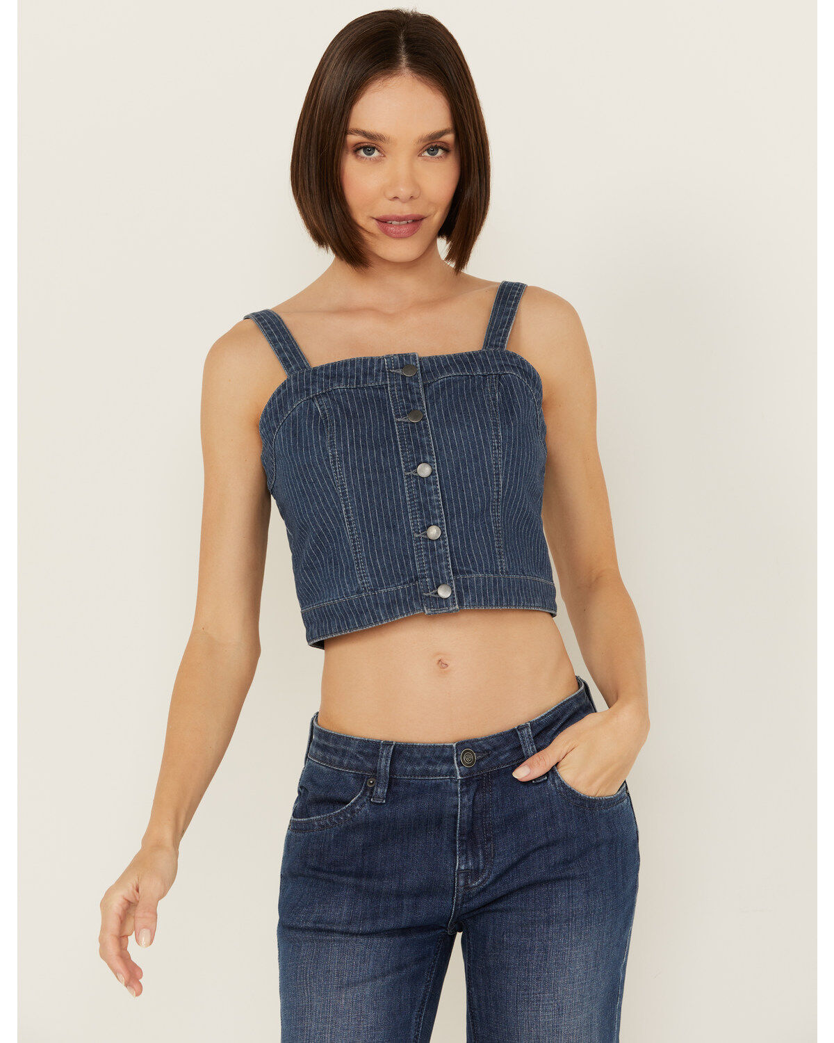 Rock & Roll Denim Women's Dark Wash Pinstripe Denim Corset Crop Top