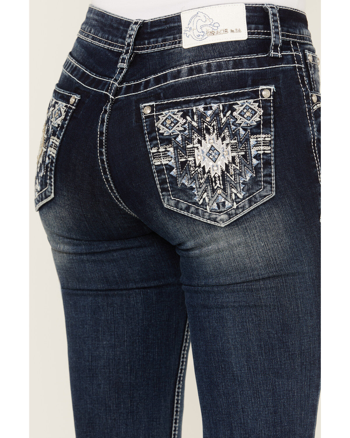 Grace In LA Women's Dark Wash Sequin Pocket Mid Rise Bootcut Stretch Denim Jeans