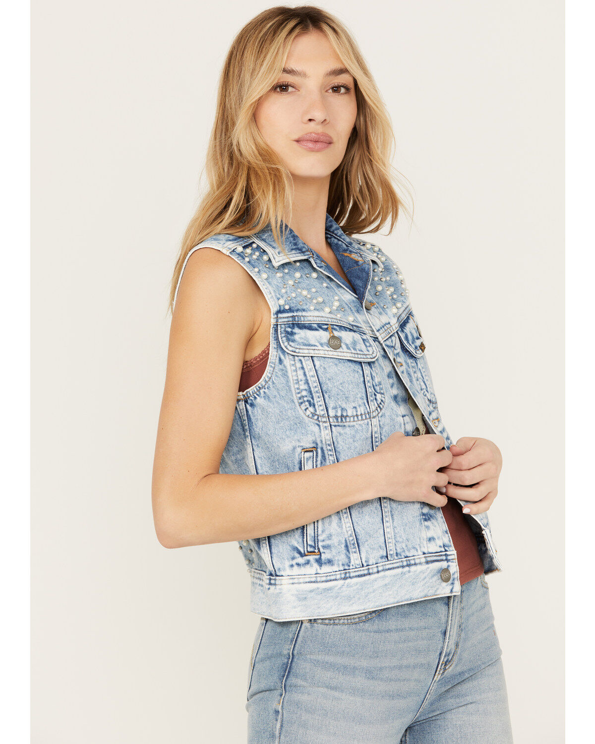 Lee Women's Light Wash Acid Wash Denim Pearl Vest
