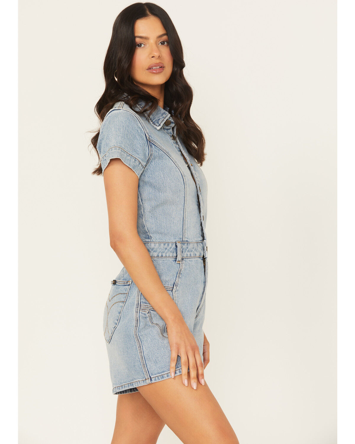 Rolla's X AC/DC Women's Light Wash Lightening Short Sleeve Button-Down Denim Romper