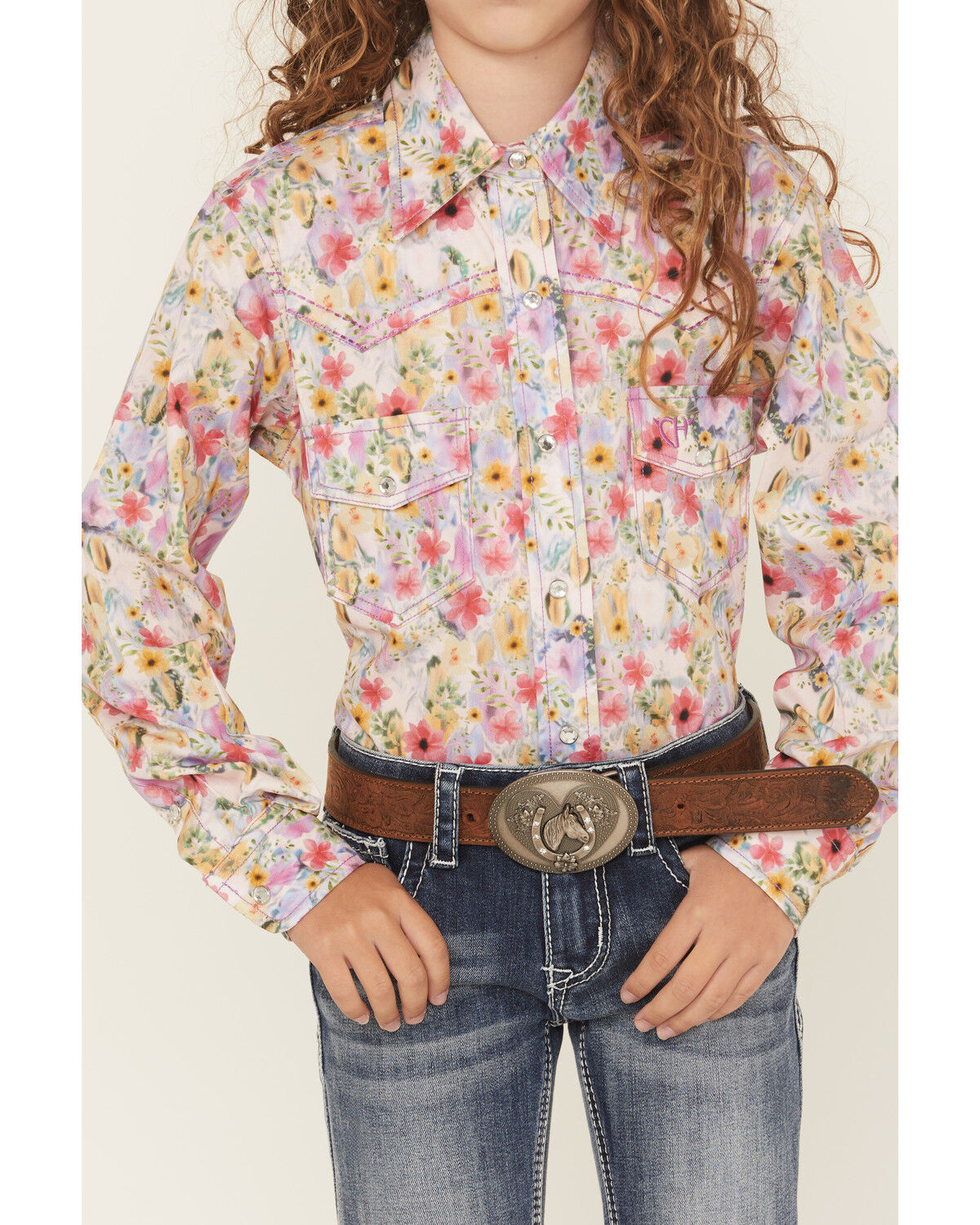Cowgirl Hardware Girls' Floral Print Long Sleeve Rhinestone Snap Stretch Western Shirt