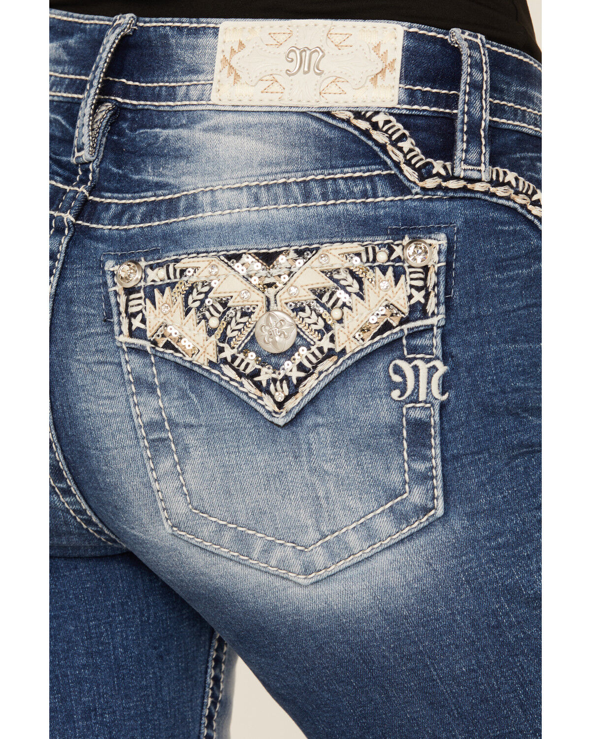 Miss Me Women's Medium Wash Mid Rise Southwestern Print Pocket Bootcut Stretch Denim Jeans