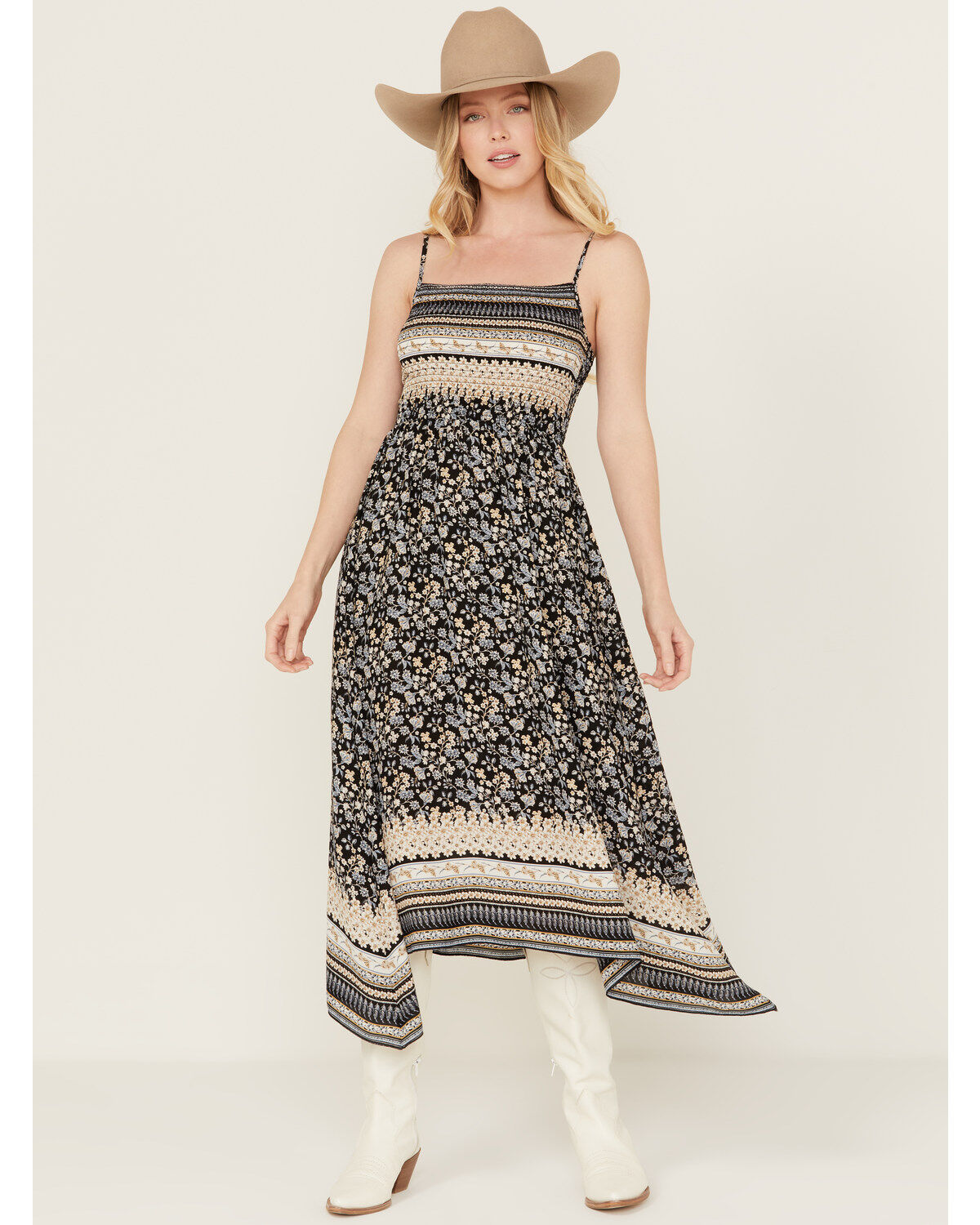 Wild Moss Women's Border Print Smocked Front Midi Dress