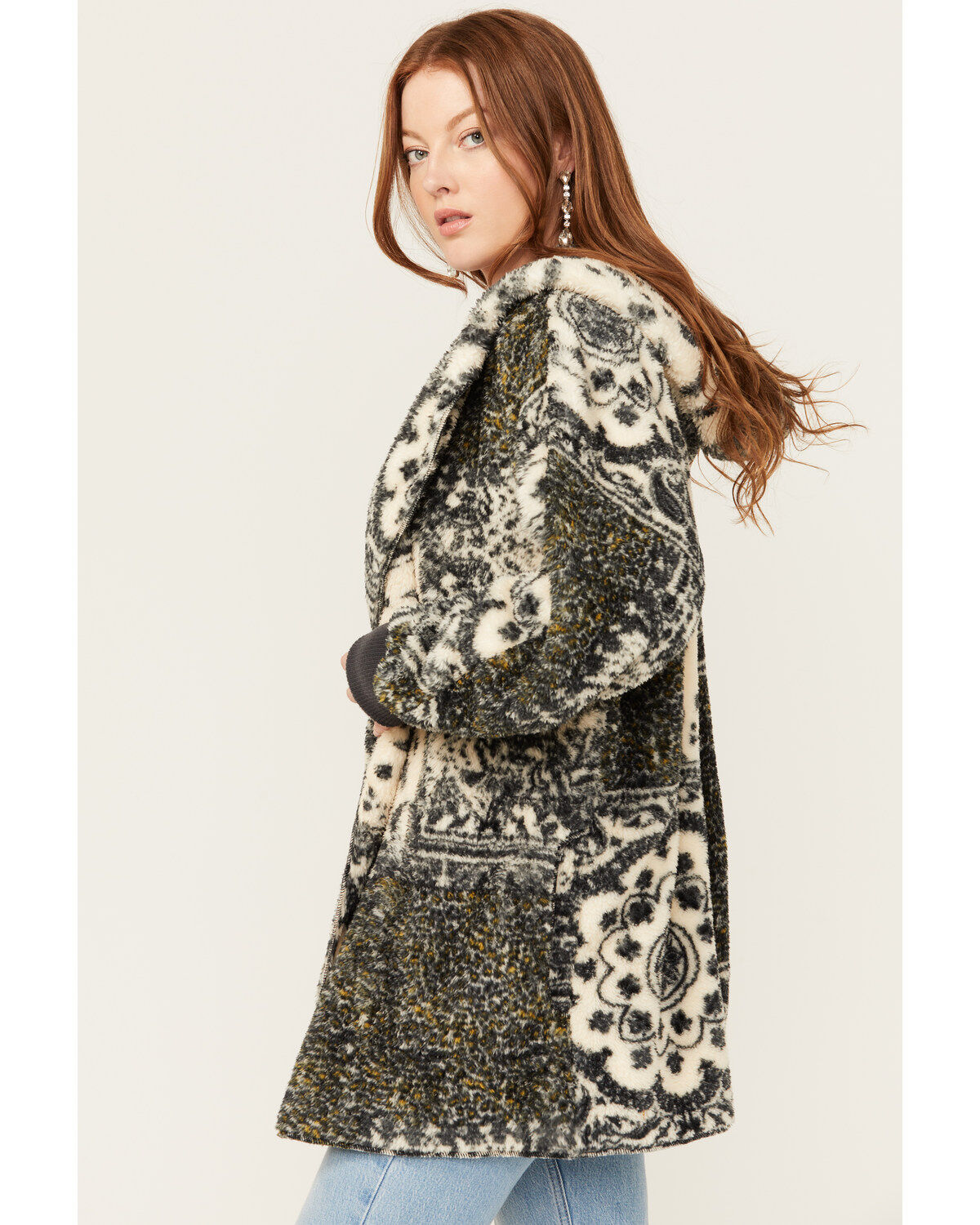 Mystree Women's Paisley Print Fur Hooded Jacket