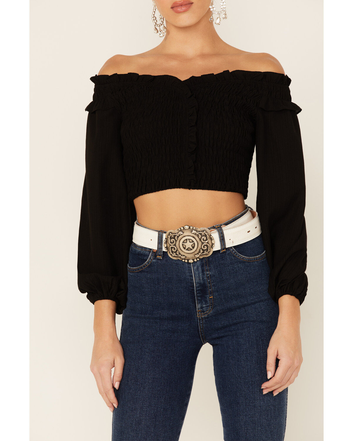 Flying Tomato Women's Solid Off The Shoulder Smocked Crop Long Sleeve Top