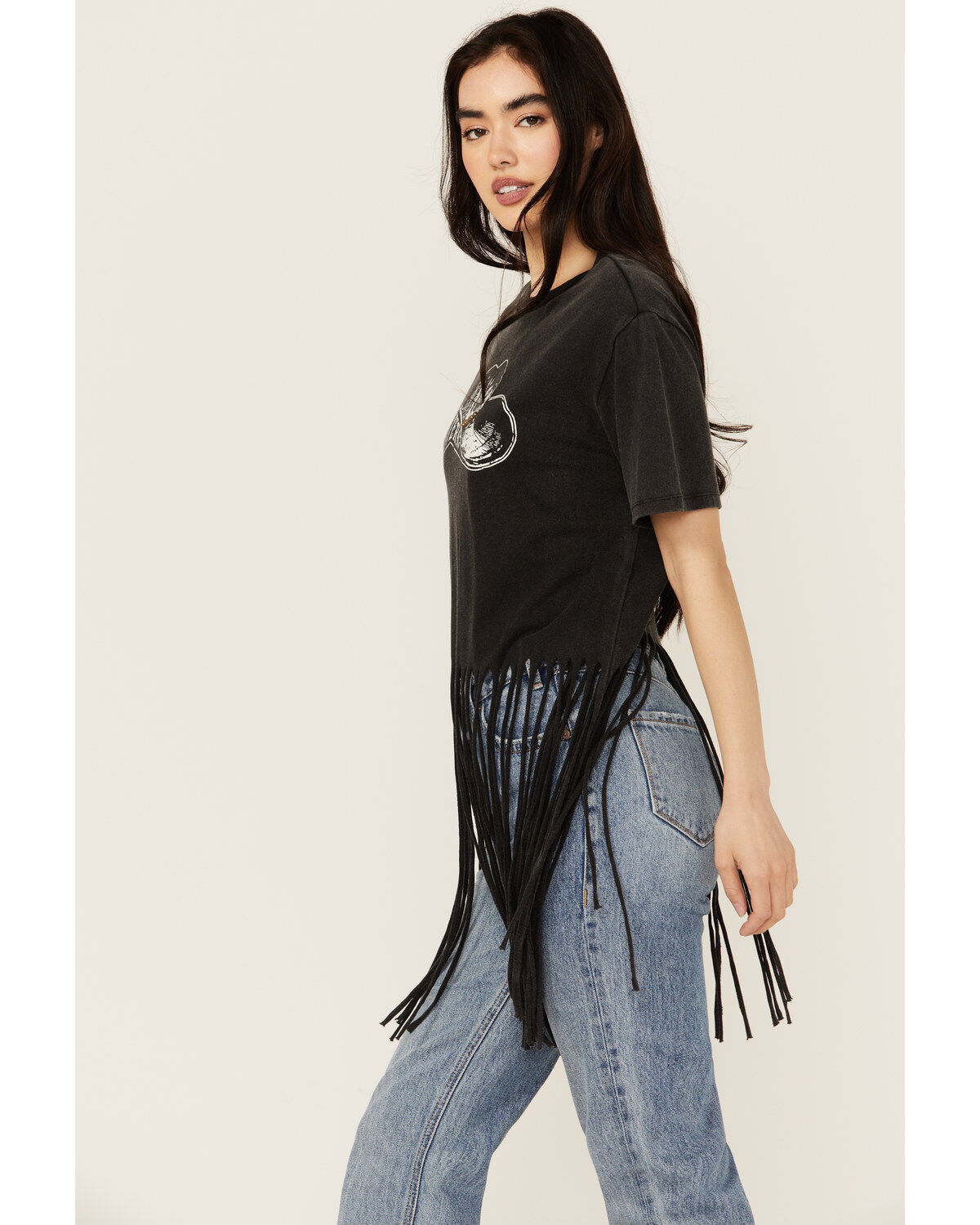 Rock & Roll Denim Women's Hat Short Sleeve Fringe Graphic Tee