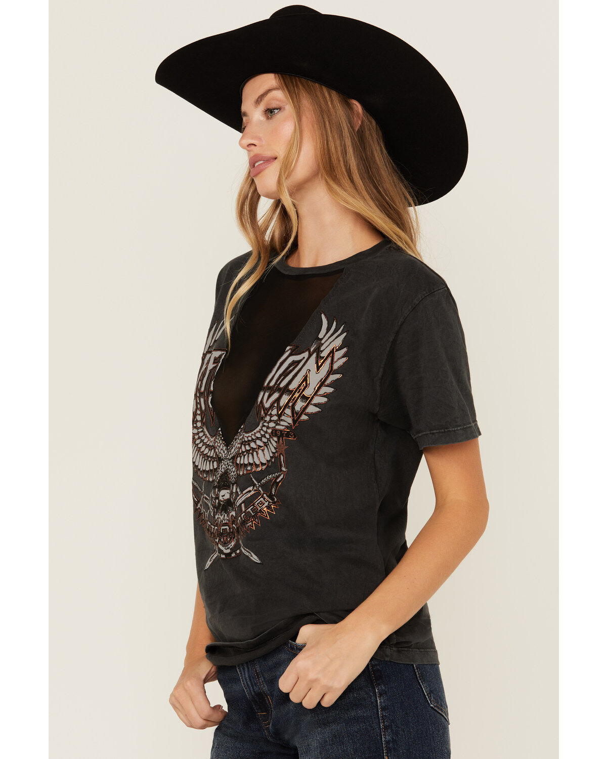 Affliction Women's Deep V Mesh Insert Short Sleeve Graphic Tee