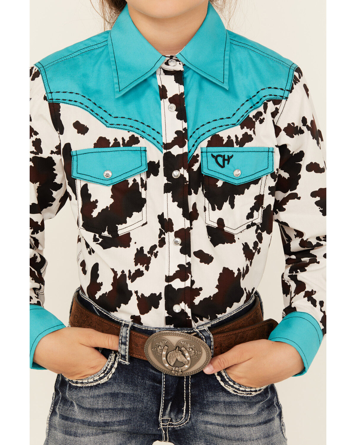 Cowgirl Hardware Girls' Moody Cow Print Long Sleeve Snap Western Shirt