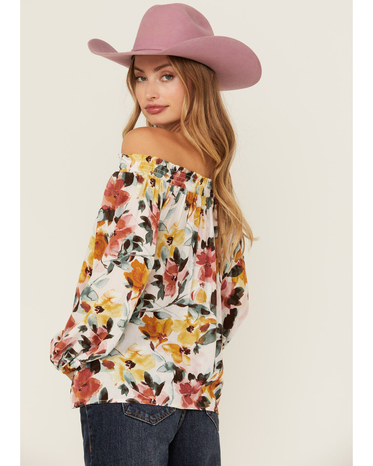 Wild Moss Women's Floral Print Long Sleeve Off The Shoulder Shirt