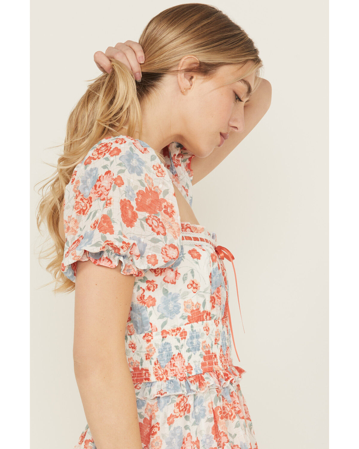 Ash & Violet Women's Floral Print Short Sleeve Lace Trim Mini Dress