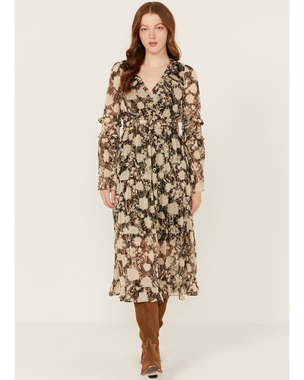 Miss Me Women's Floral Print Long Sleeve Midi Dress