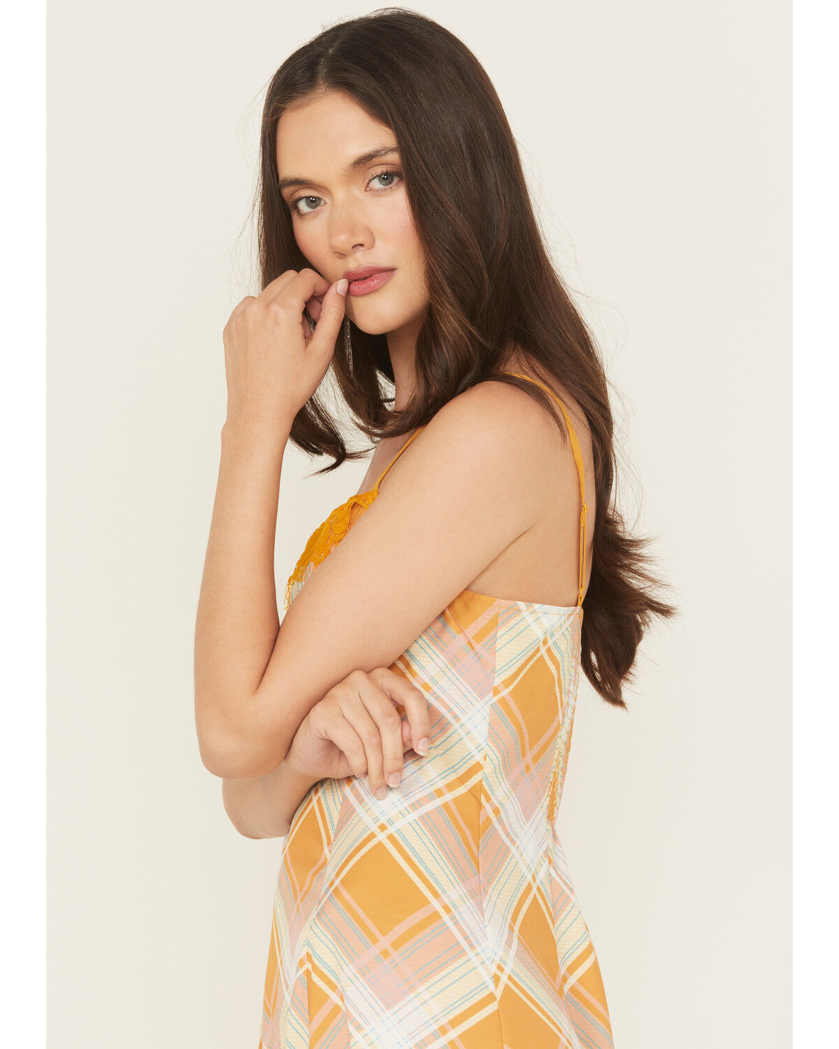 Beyond The Radar Women's Plaid Print Lace Trim Sleeveless Maxi Dress