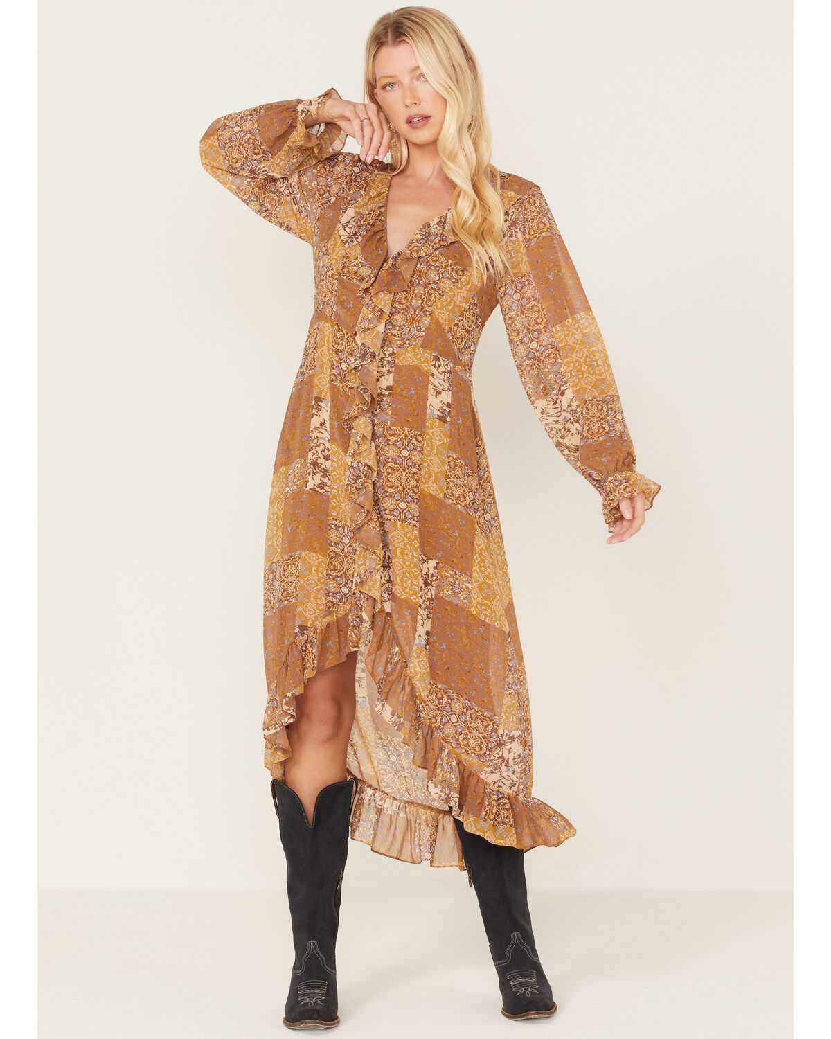 Beyond The Radar Women's Multi Patchwork Ruffle Midi Dress