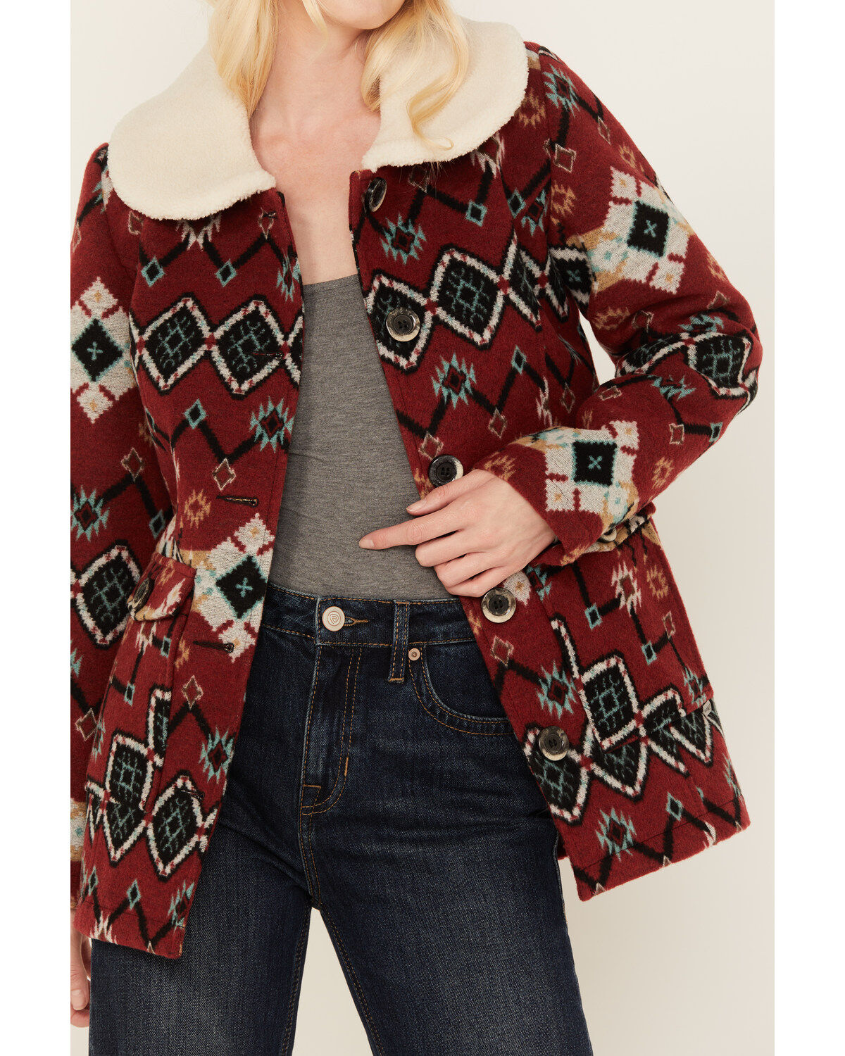 Powder River Outfitters Women's Southwestern Print Jacquard Wool Berber Coat