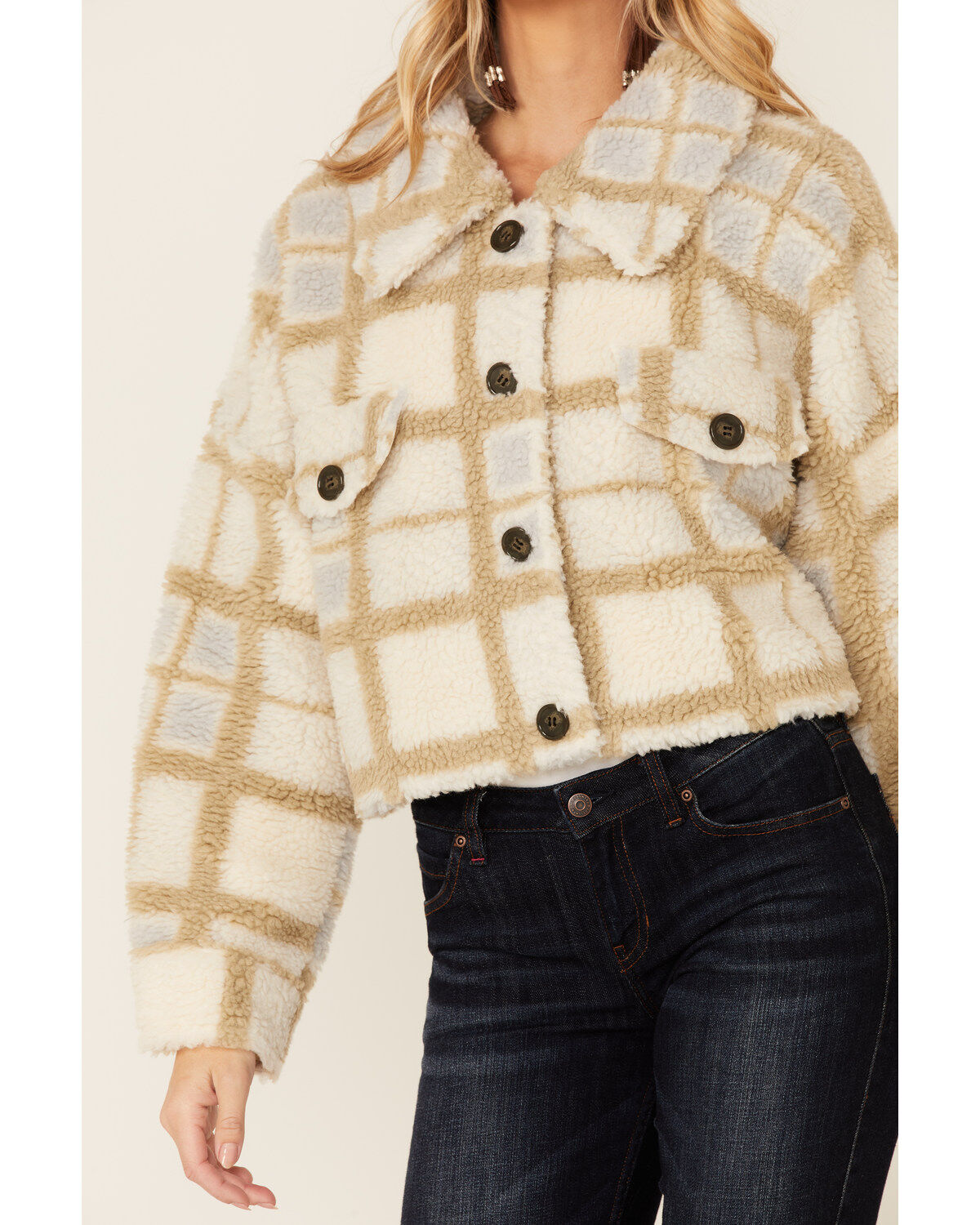 Vigoss Women's Ivory Grid Print Cropped Sherpa Jacket