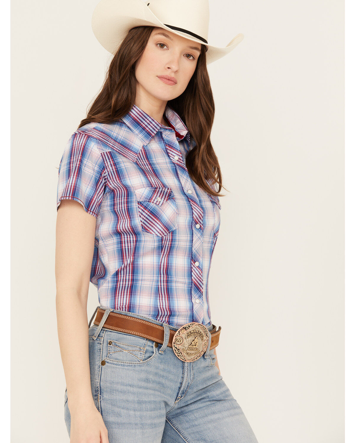 Rough Stock by Panhandle Plaid Print Short Sleeve Stretch Pearl Snap Western Shirt