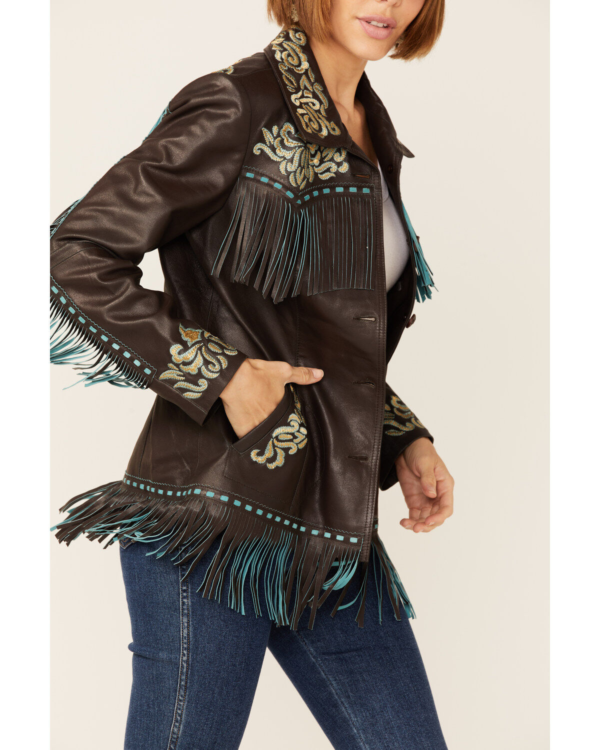 Scully Women's Brown & Turquoise Embroidered Yoke & Fringe Suede Leather Jacket
